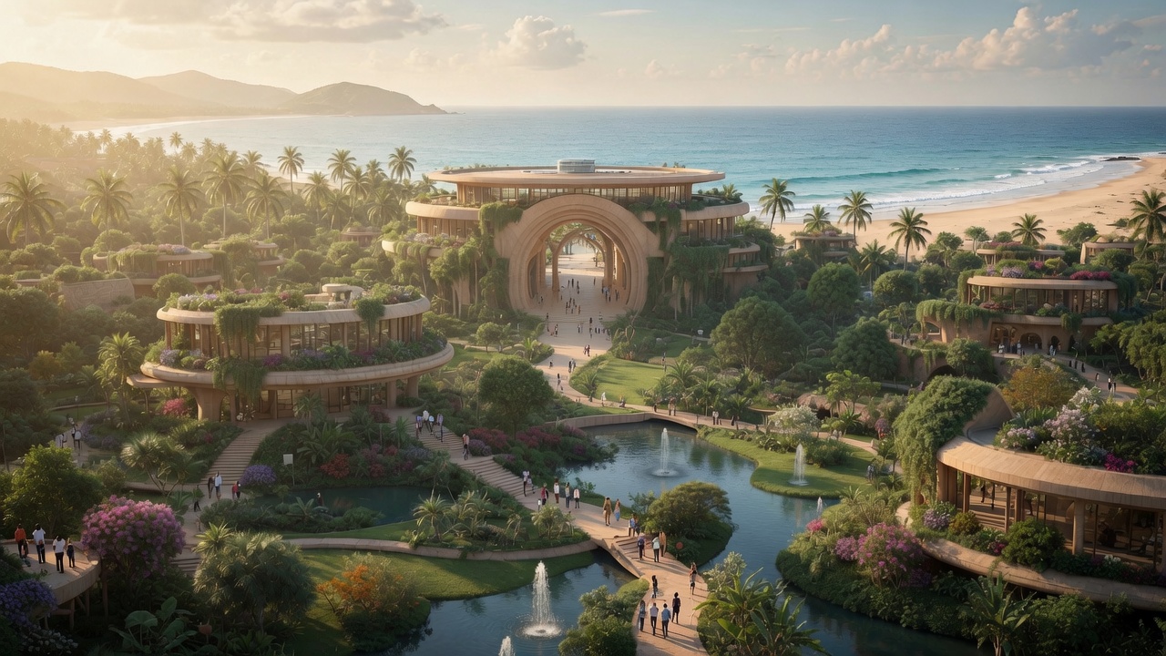 A campus of curved, plant-covered buildings with a central arch, set among gardens and waterways beside a beach at golden hour.